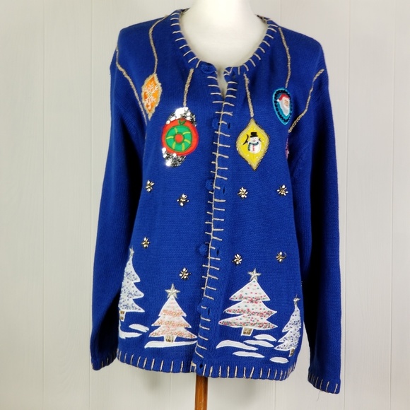 Lisa international  blue  Christmas  Cardigan - Picture 1 of 3